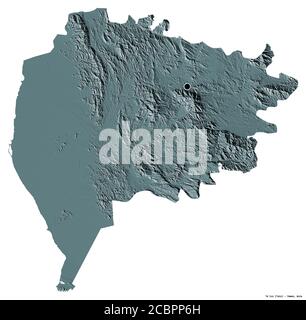 Form von Ta`izz, Gouvernement des Jemen, mit seiner Hauptstadt isoliert auf weißem Hintergrund. Farbige Höhenkarte. 3D-Rendering Stockfoto